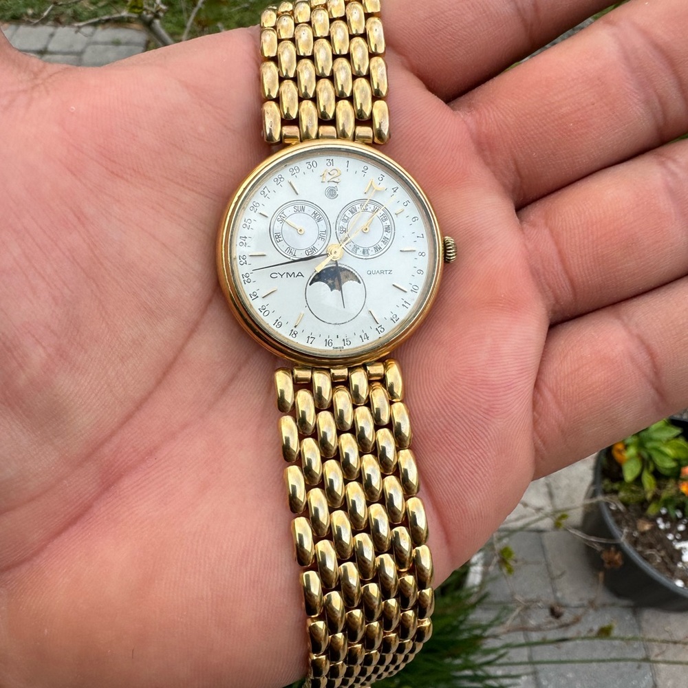 Cyma Triple Calendar Quartz Unisex Gold Plated Watch Rare